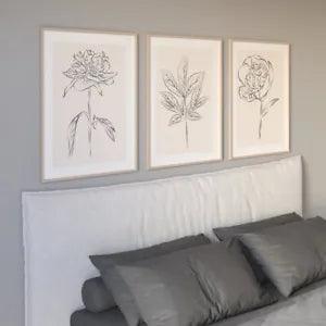 Set of 3 B&W Flowers Wall Art, Flower Line Art Poster, Peony & Rose Wall Art