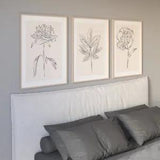 Set of 3 B&W Flowers Wall Art, Flower Line Art Poster, Peony & Rose Wall Art