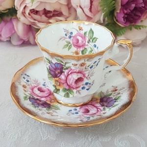 Tea Cup and Saucer, Vintage Taylor & Kent Elizabethan, Fine Bone China, Pink Roses, Floral Bouquets, Made in England