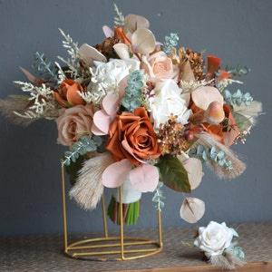 Rust Orange And Dusty Rose Quartz Fall Bridal Bouquet, Boho Wedding Flowers, Rustic Wedding Bridal Bouquet in Artificial Real Touch Roses