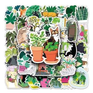 5/10/25/50Pcs Cute Cat Plant Sticker Pack | Gift For Cat And Plant Lovers