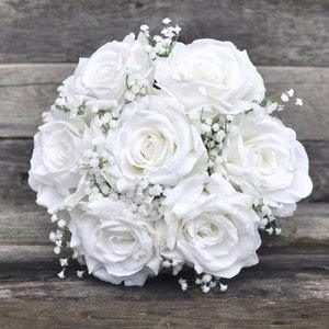 White wedding bouquet, wedding flowers, bridal bouquet, boho, baby breath, rose, silk flowers, destination wedding, wedding bouquet set