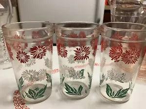 50??s 3 Heavy Vintage Tall Carnation Flowers Tumbler/ Drinking Glasses