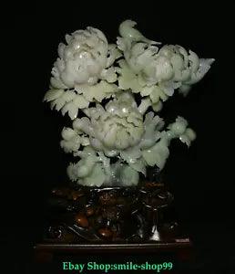 19.6"China Fine Natural Xiu Jade Fengshui Peony Flower Bird Animal Statue