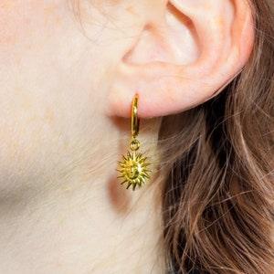 Gold Sun Earrings - Sun Face Hoop Earrings, Dangle Hoop Earrings, Celestial Huggie Hoops, Charm Hoops, Delicate Earrings, Minimalist Hoops