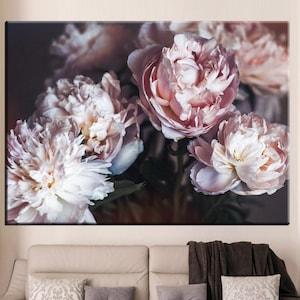 Peony Bouquet Wall Art, Vintage Peony canvas, Vintage Home Decor, Dark Floral Print