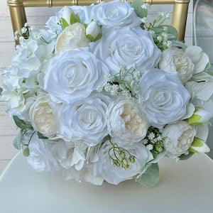 All White Bouquet, Classic White Roses Peony Eucalyptus Bouquet, Artificial White Flowers Bouquet, White Weddings Bridal Bouquet