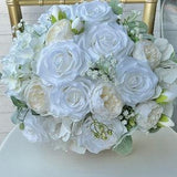 All White Bouquet, Classic White Roses Peony Eucalyptus Bouquet, Artificial White Flowers Bouquet, White Weddings Bridal Bouquet