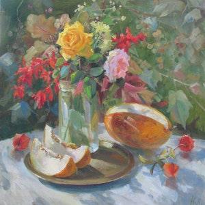 Autumn still life, Flowers bouquet, Colourful artwork, Roses and melons, Original Gift for Her, Home Decor, Oil Canvas painting by N.Hramova