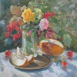 Autumn still life, Flowers bouquet, Colourful artwork, Roses and melons, Original Gift for Her, Home Decor, Oil Canvas painting by N.Hramova