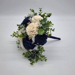 Navy blue And white Sola Flower Bouquet with Rose Gold Balls And Eucalyptus,Flower girl bouquet,bridesmaid bouquet. Available in 22 colors