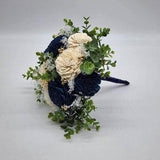 Navy blue And white Sola Flower Bouquet with Rose Gold Balls And Eucalyptus,Flower girl bouquet,bridesmaid bouquet. Available in 22 colors