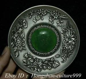 10CM China Marked Silver Mosaic Green Jade Peony Flower Plate Tray Dish