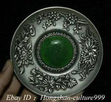 10CM China Marked Silver Mosaic Green Jade Peony Flower Plate Tray Dish