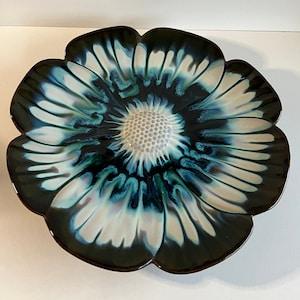 Sunflower platter, Gallery Wall Art Plate, Mid Century, CCC Canadian Ceramic Craft, Pottery Porch Decor, Drip Glaze blue, brown, white