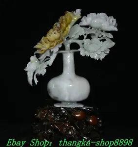 18" China Natural Xiu Jade Carve Peony Flower Bird Magpie Vase Bottle Art Statue