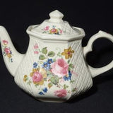 SADLER teapot coffee pot rose floral bouquet flowers Vintage mid-century Bone China England  basket weave octogonal