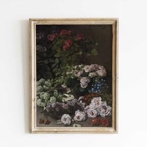 Vintage Hydrangea and Peonies Print, Dark Moody Floral Painting
