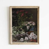 Vintage Hydrangea and Peonies Print, Dark Moody Floral Painting
