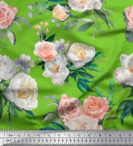 Soimoi Green Velvet Fabric Begonia & Peony Floral Print Fabric by-391