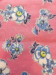 Vtg Flour Feed Sack Fabric Carnation Pink w Pretty White & Blue Flowers 36x44"