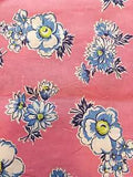 Vtg Flour Feed Sack Fabric Carnation Pink w Pretty White & Blue Flowers 36x44"