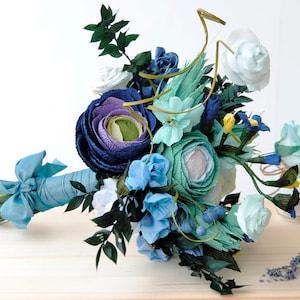 Paper flower bouquet, Blue and Teal Ranunculus bouquet, Alternative bridal bouquet, Boho Rustic wedding, Keepsake bouquet, Modern bouquet