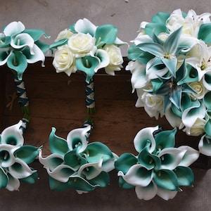 Teal Cascade Bridal Bouquet Real Touch Flowers Calla Lily Ivory Roses Tiger Lilies Bridesmaids bouquets
