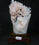 18.8" Chinese Natural Xiu Pink Jade Carving subshrubby peony flower Birds Statue