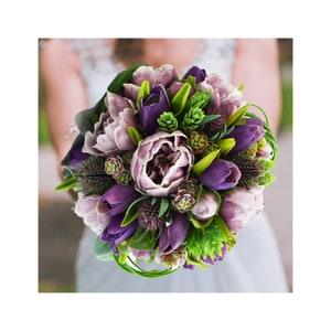 Bridal or Bridesmaid Bouquet - add Groom Groomsman Boutonniere - Lavender Peonies Purple Tulips Succulents Thistle - Add Flower Crown Arch