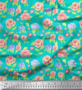 Soimoi Green Velvet Fabric Periwinkle & Peony Floral Fabric Prints-yFe