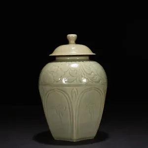 10.2" Old China Porcelain Song dynasty yue kiln cyan glaze peony flower Jar pot