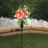 RUSTIC PINK LILIES MEMORIAL CROSS SOLAR LIGHTED STAKE - OUTDOOR YARD GRAVE DECOR