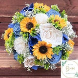 Wood Flower Wedding Bouquet  Radiance Collection-Ivory & Blue Bouquet, Sunflower Bouquet- Boutonniere, Corsage, Tear Drop Cascade Bouquet
