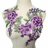2PCS Purple Peony Flowers Leaves Embroidery Appliques Sew Patches Wedding Dress