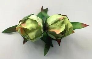 4" Pale Green Pink Splashes Peony Buds Silk Flower French Barrette Hair Clip