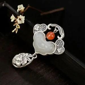 Chinese Pure Silver S925 Gild Inlay Hetian White Jade Ruyi Peony Flower Pendant
