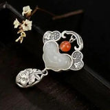 Chinese Pure Silver S925 Gild Inlay Hetian White Jade Ruyi Peony Flower Pendant