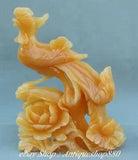 27CM China Natural Yellow Jade Phoenix Fenghuang Bird Animal Peony Flower Statue