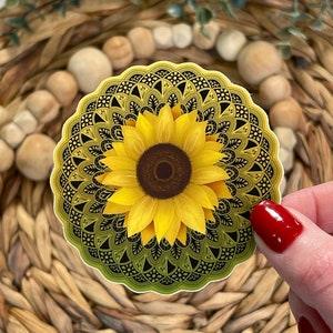 Sunflower Mandala Sticker, Watercolor Sunflower Sticker, Sunflower Decal for Tumbler, Weatherproof Sunflower Sticker, Yellow Floral stickers