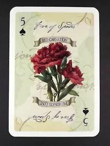 1 x playing card Language flower Red Carnation - Passionate Love ?? 5 Spades