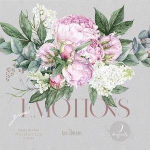 Floral clipart, Lilac, Peonies, Peony buds, Greenery, Light Pink, Watercolor Bouquets, Bohemian Boho, Hand Painted, Wedding invitations