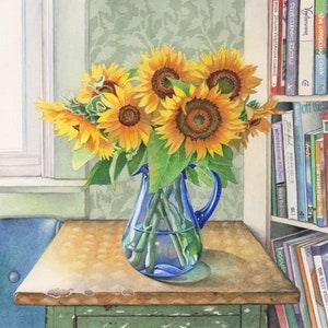 Home Grown (framed print from watercolour sunflowers in a blue pitcher by Cori Lee Marvin)