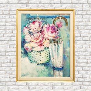 Pink peony oil painting in frame, White peony bouquet art, pink white peonies painting impasto, Peony flower art gift, Impressionist flowers
