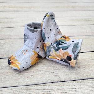 New heathered grey sunflower baby booties. Soft sole