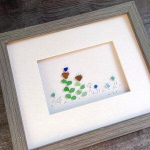 Seaglass Art, 8 by 10, Bluebirds and sunflowers