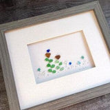 Seaglass Art, 8 by 10, Bluebirds and sunflowers
