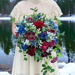 B77 Wedding Flower Bridal Bouquet Faux Boho Navy Blue Ivory White Burgundy Dark Red Maroon Berries Moody Elopement Jewel Tone Destination