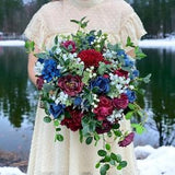 B77 Wedding Flower Bridal Bouquet Faux Boho Navy Blue Ivory White Burgundy Dark Red Maroon Berries Moody Elopement Jewel Tone Destination