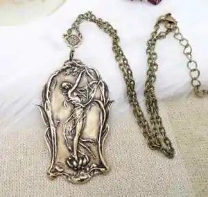 Brass Goddess Necklace, Art Nouveau Lily Flower Nymph Pendant, Poetry Style Gift